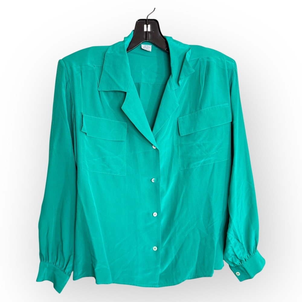 Vintage Silk Button Down Blouse Top Green Long Sleeve Size‎ 6 Career